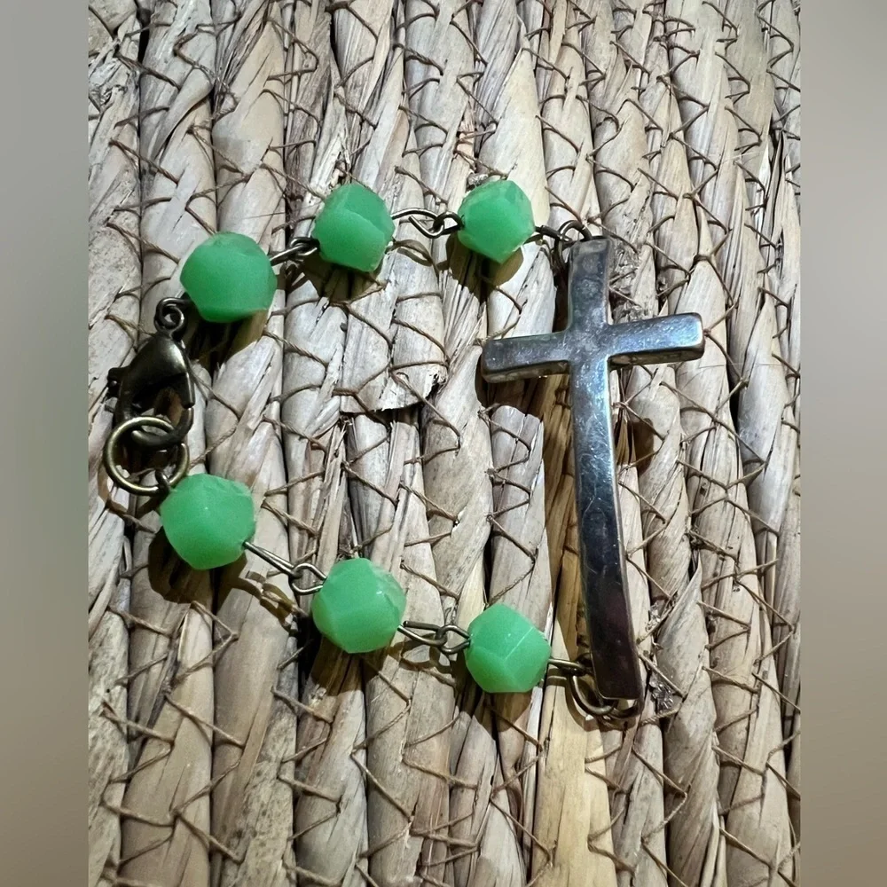Silver Cross Bracelet with Green Beads